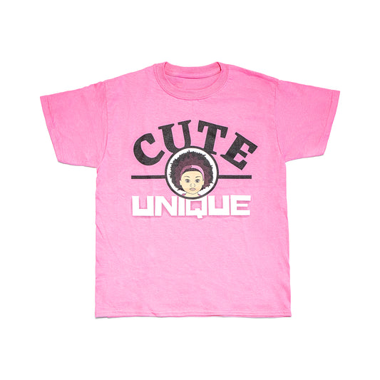 Pink T-shirt with "Cute & Unique" printed on it along with a small doll face sketch